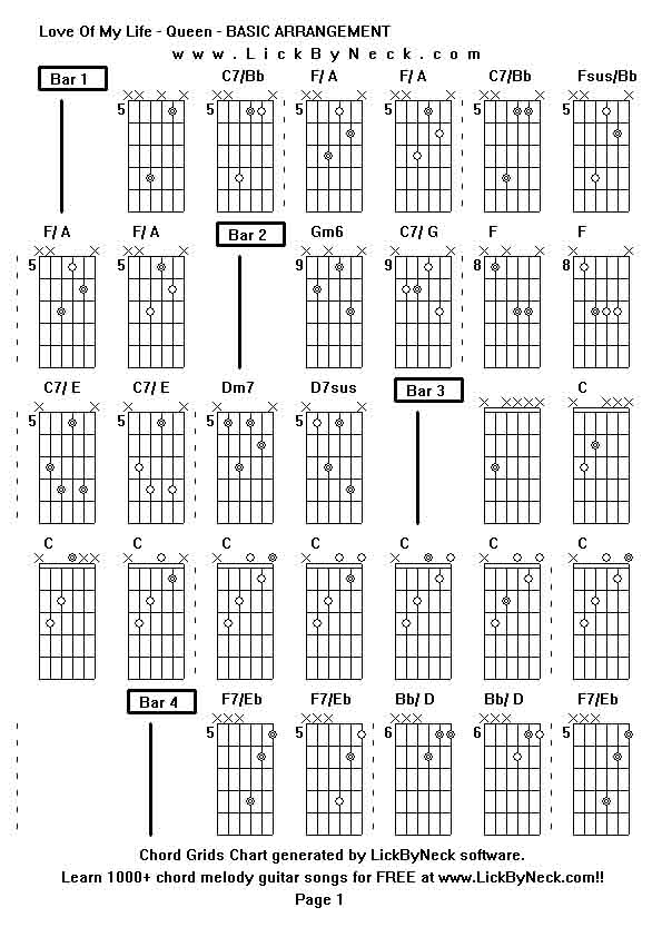 Chord Grids Chart of chord melody fingerstyle guitar song-Love Of My Life - Queen - BASIC ARRANGEMENT,generated by LickByNeck software.